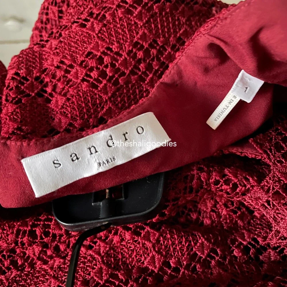 NEW SANDRO Lindsey Dress Red Lace V Neck Geometric - Picture 7 of 8